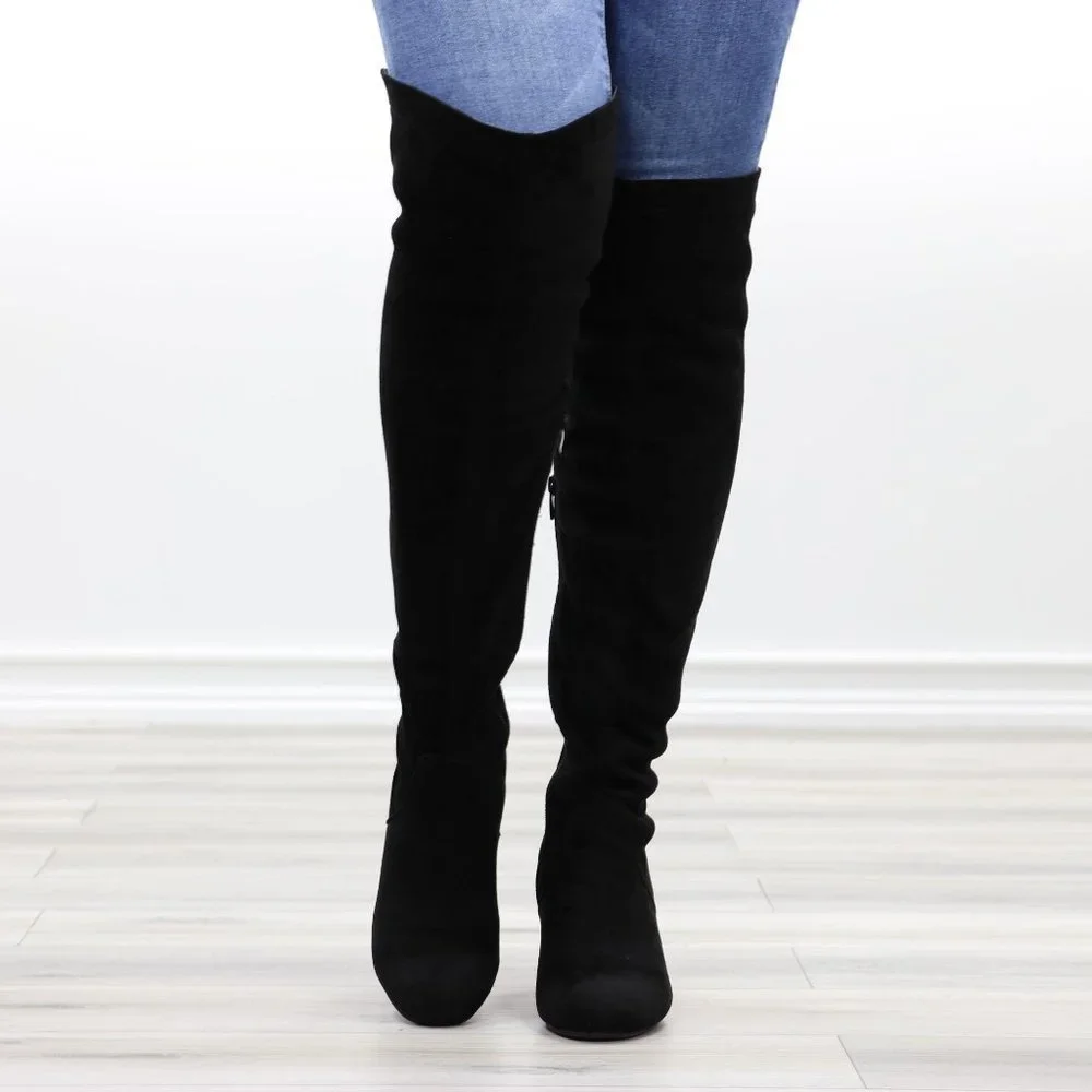 Low Heel Thigh High Boots Faux Suede Back Womens Lace Up Black Above The Knee - Picture 8 of 15